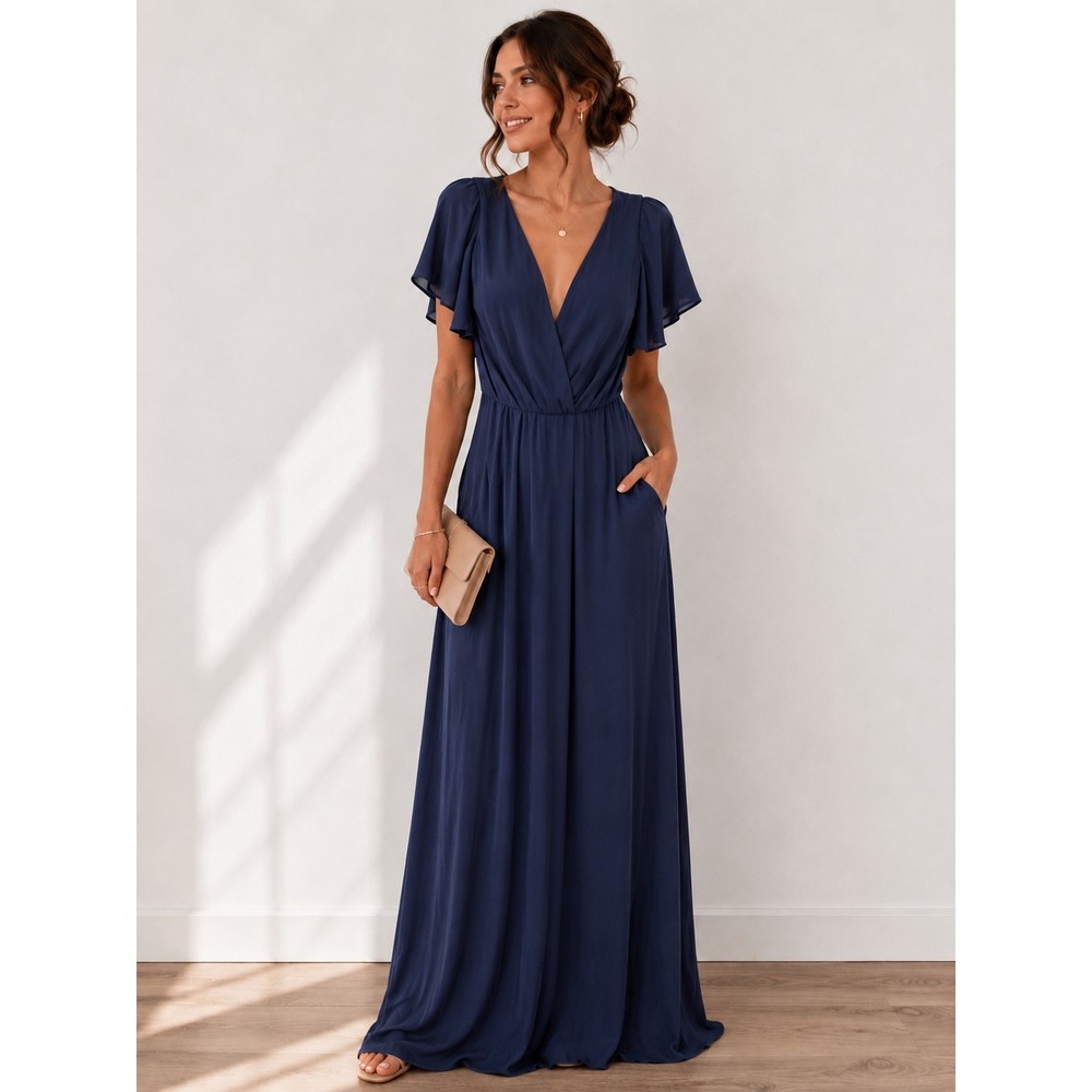 David's Bridal Navy Blue Flutter Sleeve‎ V-Neck Chiffon Maxi Dress F19951 Size 6